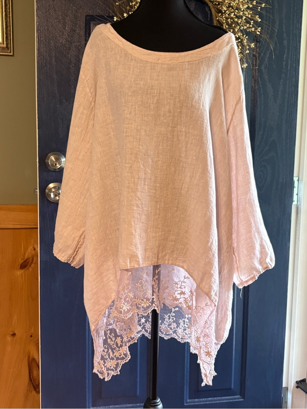 Stella Martini 1X Italian Linen Lace Tunic Blush Pink Lagenlook Boho Made Italy